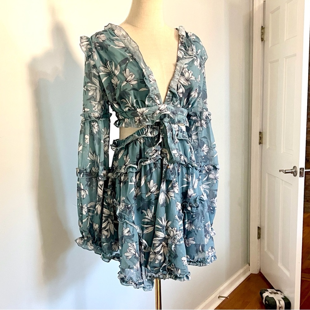 Luxxel Blue Floral Chiffon Two-Piece Illusion Dress Lace-Up Back,Ruffle Size L - Picture 10 of 11